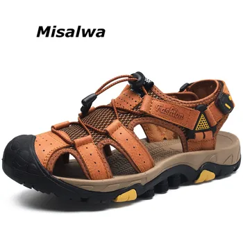 

Misalwa Anti-collision Toe Round Casual Men Sandals Genuine Leather Mesh Summer Beach Sandals Khaki Daily Male Driving Shoes
