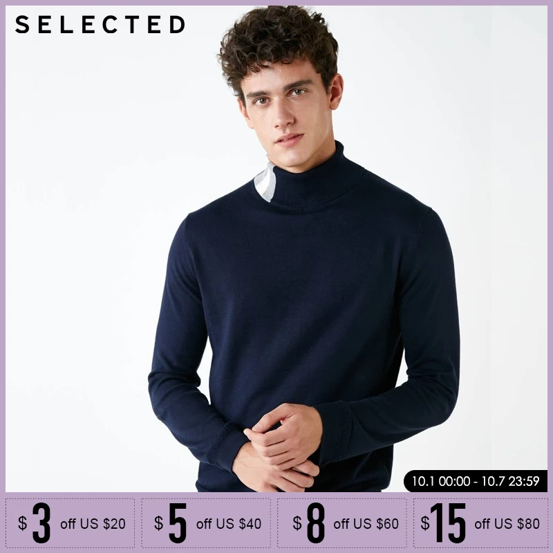 

SELECTED Mens 100% Cotton Stripe Stitching Knitted turtleneck Sweater| 418424523