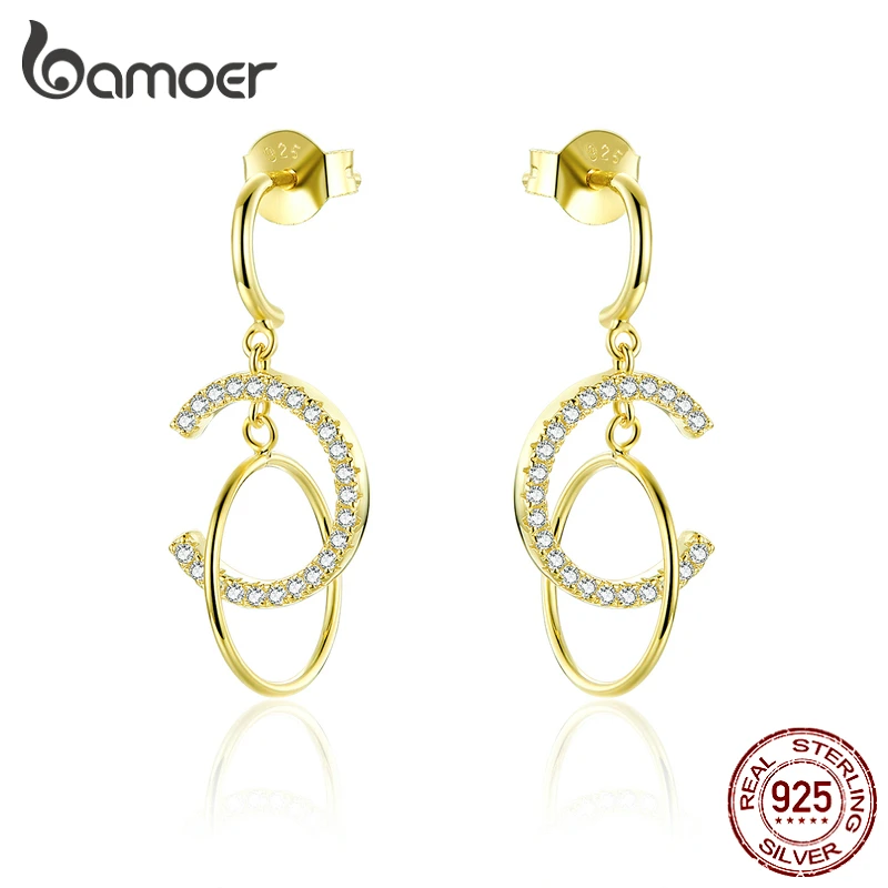 Bamoer, натуральная 925 пробы, серебро, геометрический круг, висячие серьги для женщин, золотой цвет, корейский стиль, модное ювелирное изделие SCE799