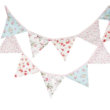 

Handmade Banner Flag Vintage Shabby Chic Fabric Bunting Double Sided Festival Pennant Coloured Birthday Wedding Decoration Party
