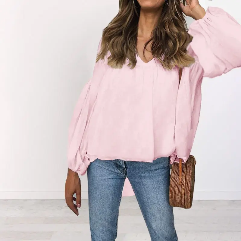 Women Fashion Lantern Sleeve Blouse Celmia Plus Size Solid Sexy V-Neck Pleated Shirt Casual Loose Top Elegant Asymmetrical Blusa