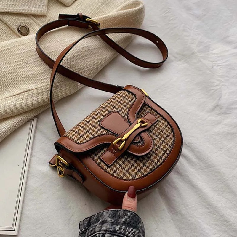 Plaid Brown MSGHER, клетчатое седло, осенняя текстура, женская сумка на плечо, панельная, на застежке, в сдержанном стиле, Ins Joker, темперамент, винтажная женская сумка WB3148 - Цвет: Plaid Brown