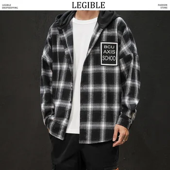 

LEGIBLE Spring Autumn Hip Hop Plaid Shirts Men Casual Loose Men Shirts Japanese Long Sleeve Shirt Men Harajuku Male Shirts
