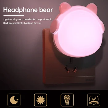 

LED Night Light Wall Socket Lamps AC 220V Light Control Sensor Headphone bear Bedroom Lamp Gift for Children Cute EU Plug DA