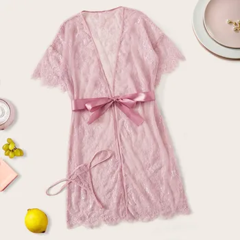 

New Women V-neck Lace Sexy Lingerie Underwear Robe With Belt Pajamas Bathrobe robe de chambre femme FJSL