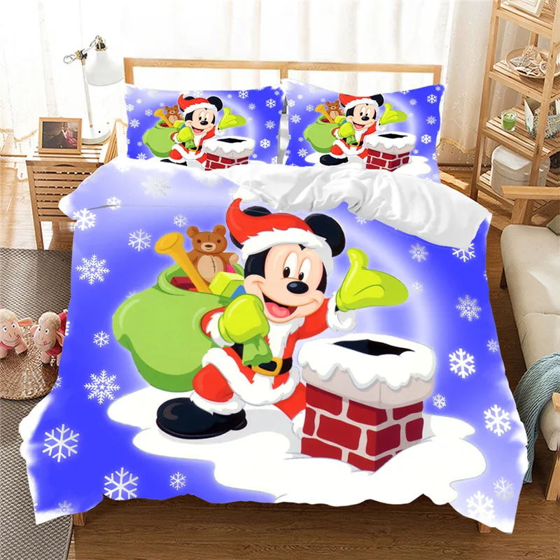 Mickey Minnie Christmas Santa Claus Bedding Set Duvet Cover Children Bed Set Queen King Siz Gift Comforter Bedding Sets