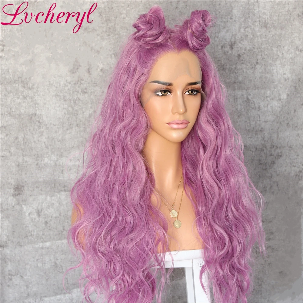 Lvcheryl 13X3 натуральные длинные волнистые синтетические парики на кружеве фиолетовые парики для волос термостойкие парики