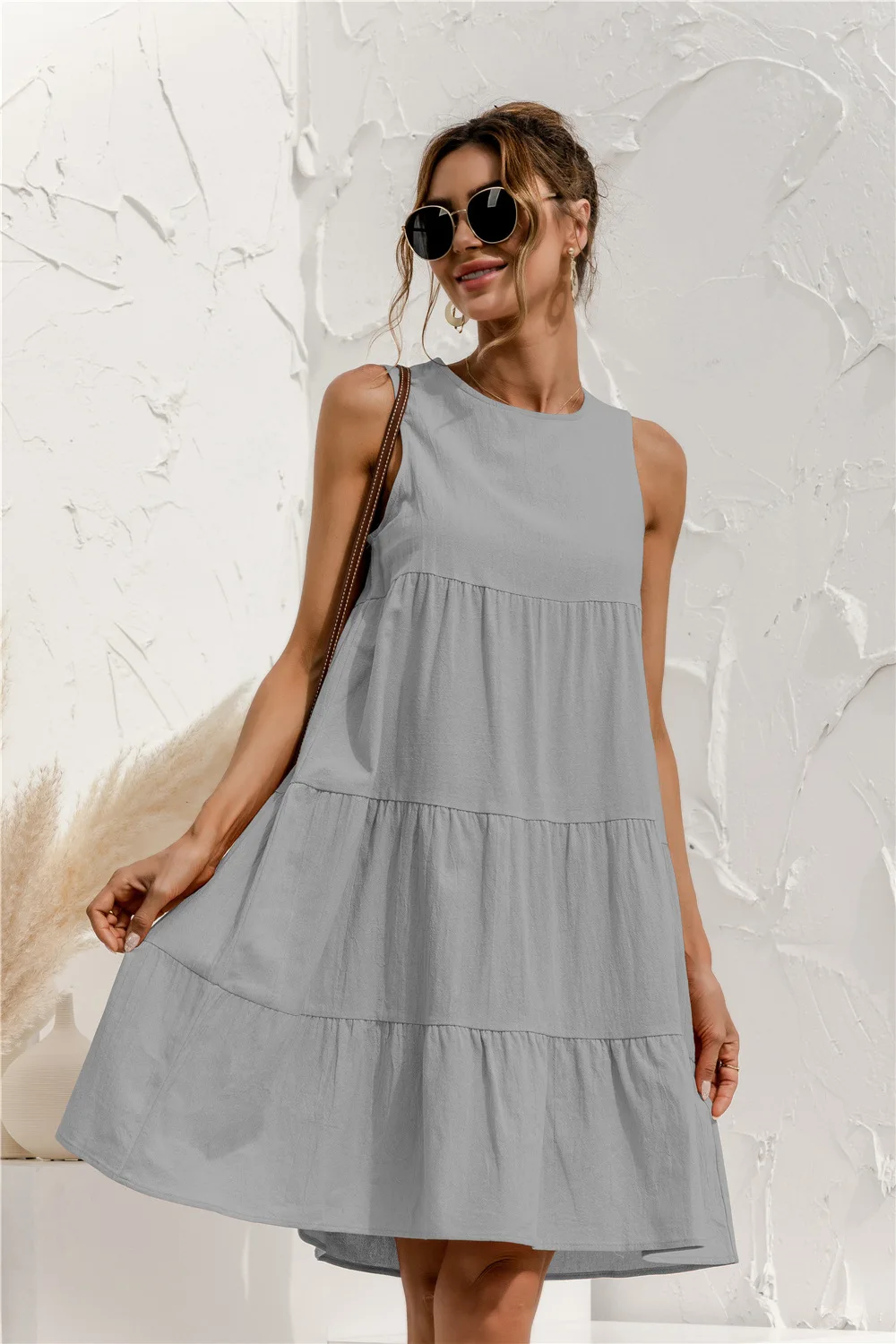 2021 Summer Women Vest Dress Cotton O-Neck Sleeveless Solid Midi Dress Stitching Large Swing Casual Loose Sundress Vestidos