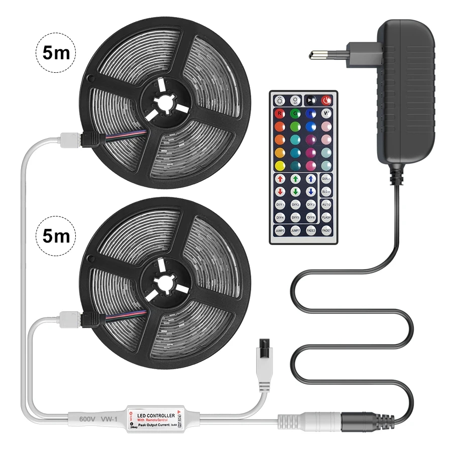5M10M Светодиодная лента RGB 5050 DC12V 60 светодиодный s/m гибкий светодиодный светильник RGB светодиодный лента 300 светодиодный s с адаптером для AC110-240V EU US AU UK+ пульт дистанционного управления