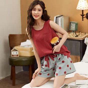 

Jodimitty Plus Size Summer Casual Tank Top Shorts Suit Women's Homewear 2 Piece Set Summer Sleep Wear Loose Cotton Home Clothes