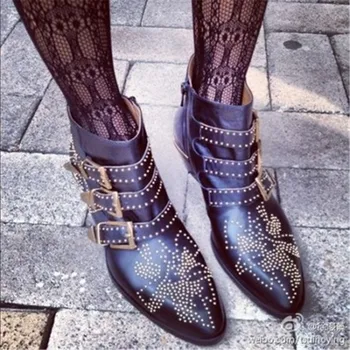 

Susanna Studded Genuine Leather Ankle Boots Women Rivets Flower Martin Boots Women Luxury Velvet Boots Zapatos Mujer Big Size 42