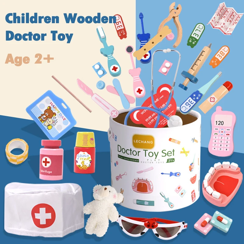 Wooden Pretend Play Doctor Set Educational Toys For Kids Simulation Medicine Chest Kit Dentist Nurse Games Medical Toys For Girl