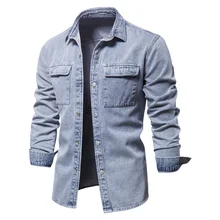 Chemise en jean à manches longues pour homme, couleur unie, en coton, décontractée, printemps, 100%