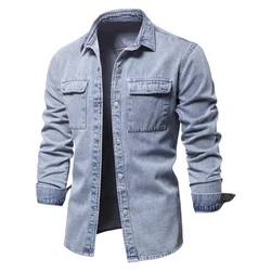 Cor de algodão casual denim 100% camisas sólido para homens grossos manga longa camisa primavera alta qualidade calças jeans masculina fino ajuste