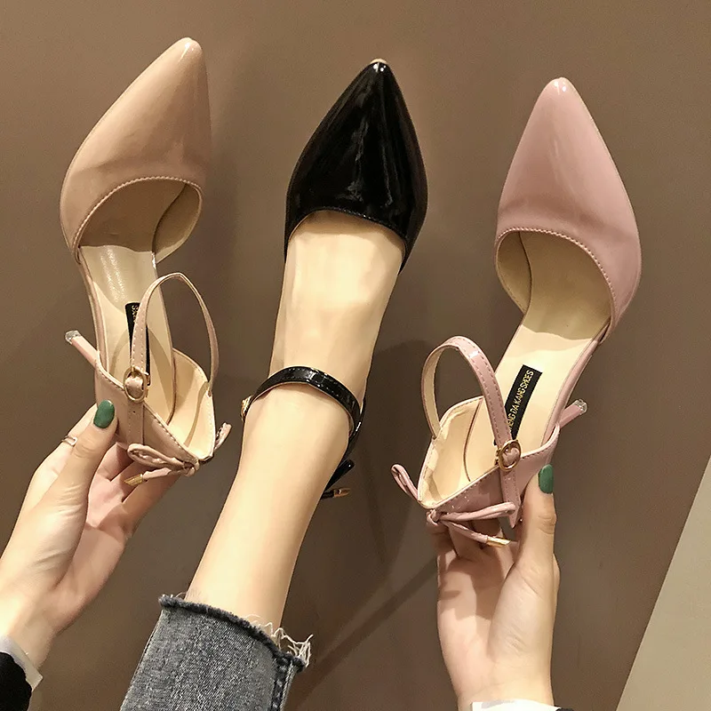 

2019 New Style Sandals Women's Fashion A- line Buckle High-heeled Shoes Pointed-Toe Thin Heeled Bow WOMEN'S Shoes Fashion