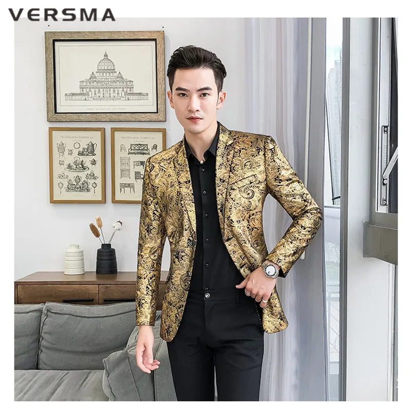VERSMA Высокое качество золото Slim Fit сценический Блейзер костюм куртка для мужчин модный британский стиль свадебные мужские дизайнерские костюмы блейзеры Мужские 5XL