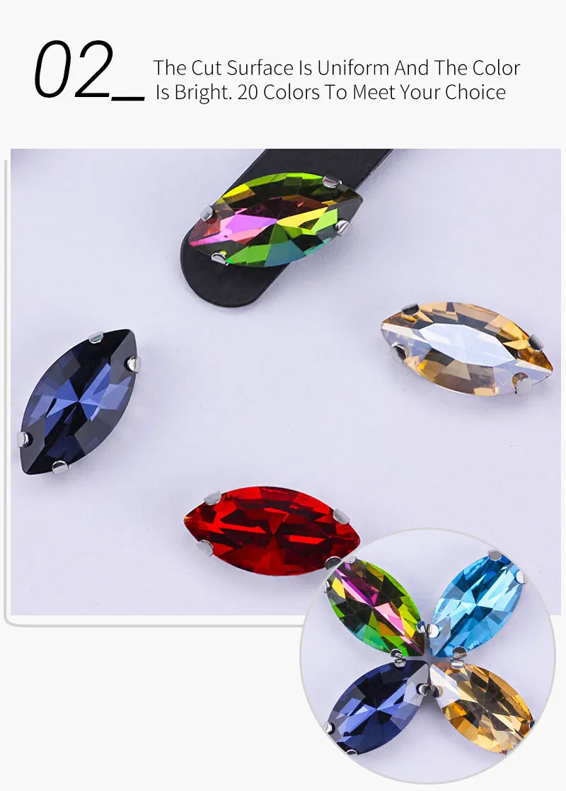 24 Farben Navette Aufnähbare Strass-Steine in Pferdeaugenform, Silberne Krallenfassung, Marquise-Schliff, Hochzeitskleid-Accessoires, Taschenverzierung – Detail 8
