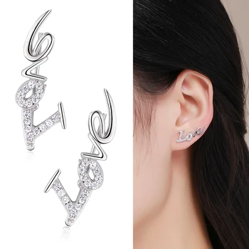 

925 Sterling Silver Gold Color Letter Love CZ Ear Climber Stud Earrings For Women Girls Jewelry Orecchini Aros Aretes Ear Jacket