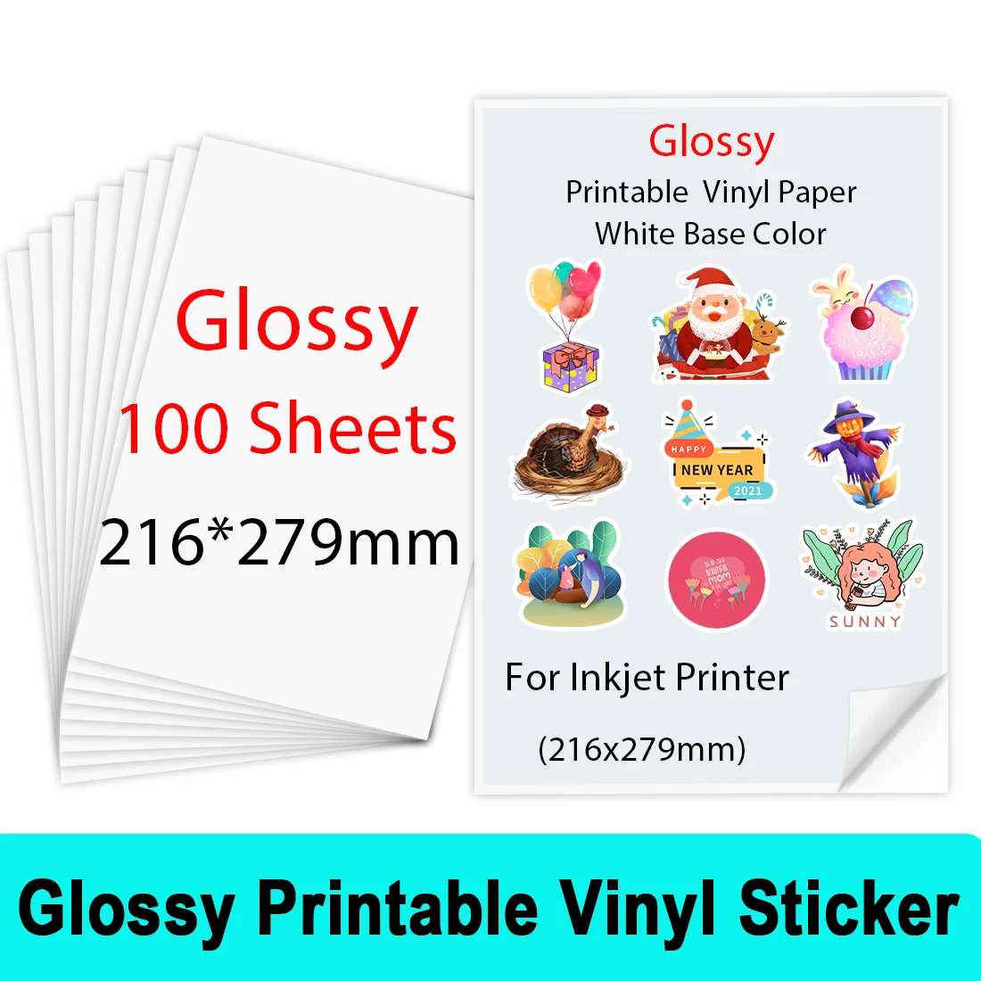 Papel de copia autoadhesivo para impresora de inyección de tinta, pegatina de vinilo imprimible brillante de 100x216mm, papel impermeable para manualidades DIY, 279 hojas