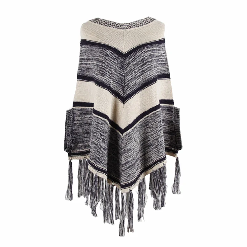 

2020 Autumn and Winter European and American Fringed Cloak Shawl Geometric Color Matching Round Neck Pullover Sweater Women