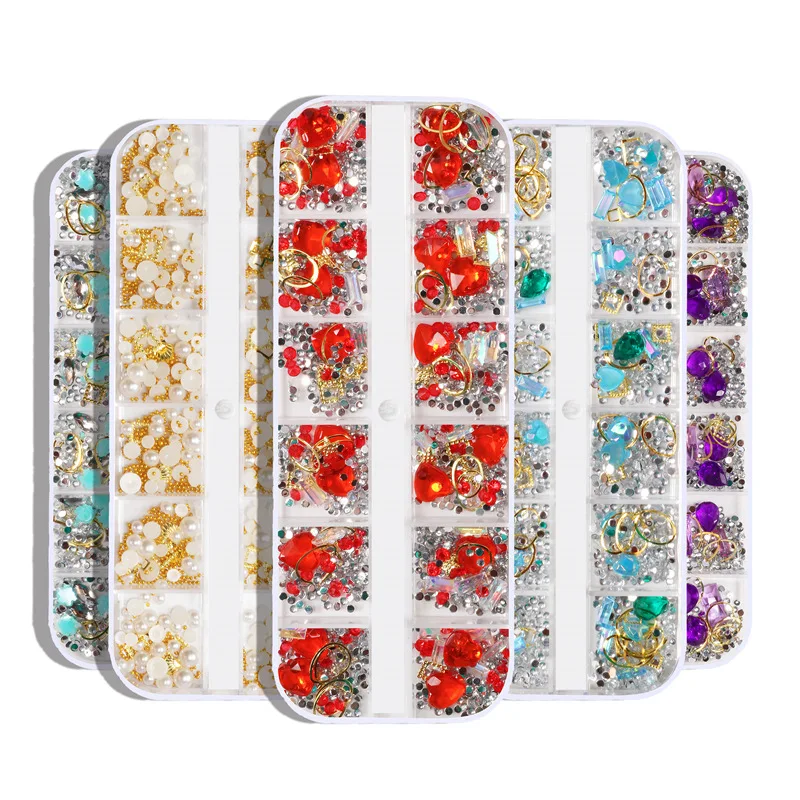 12 Grid Nail Strip Box Jewelry Rivets Pearl Rhinestones Glass Diamonds Mixed Art Stickers | Красота и здоровье