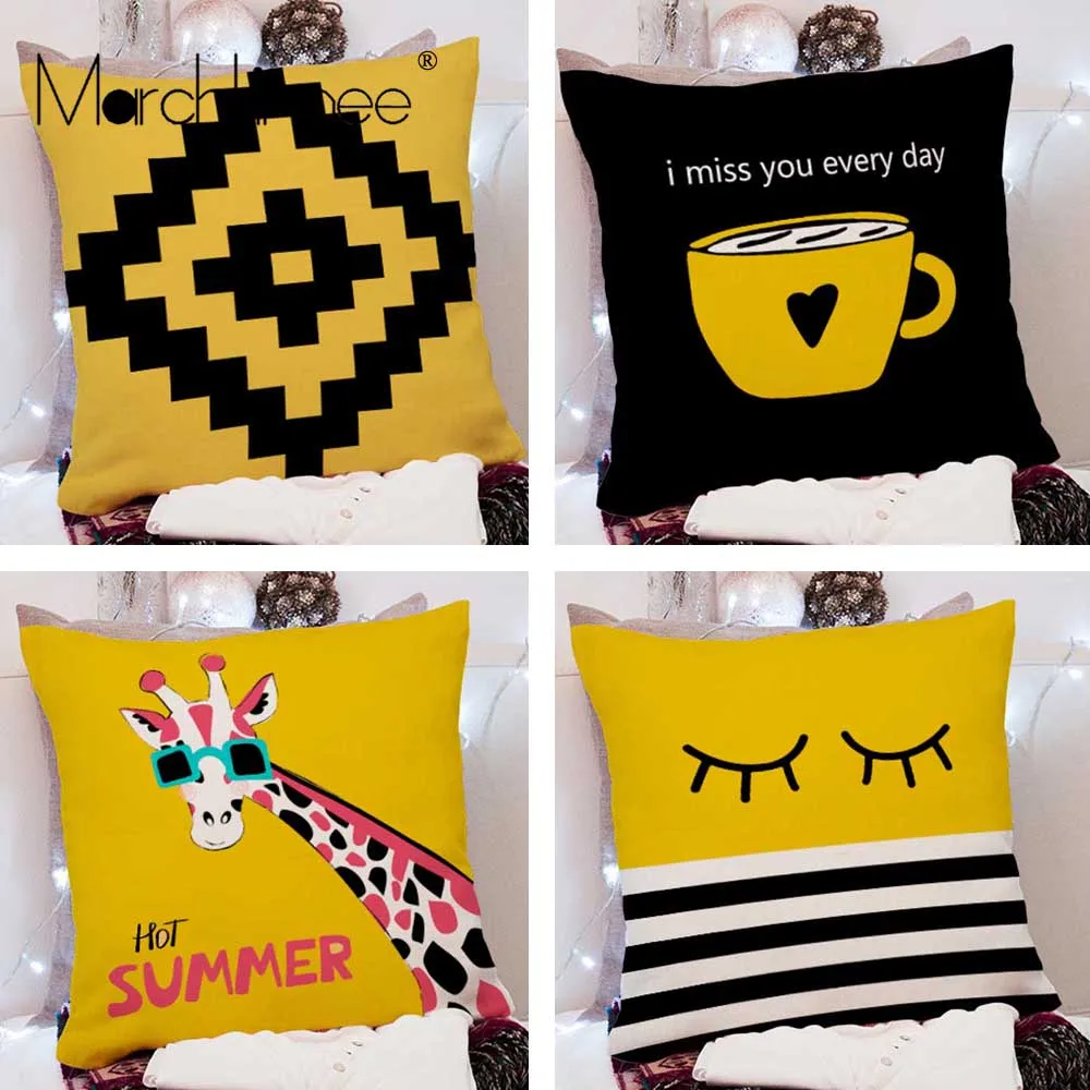 

Nordic Mosaic Heart Leaf Giraffe Print Cushion Cover Geometric Yellow Coffee Customized Grid Throw Pillowcase Home Decorative