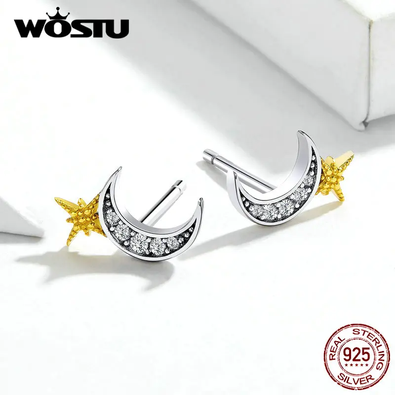 WOSTU, настоящее 925 пробы, серебряные, лунные, золотые серьги-гвоздики "Звёзды" для женщин, свадебные, циркониевые, маленькие серьги, ювелирные изделия для помолвки CQE729