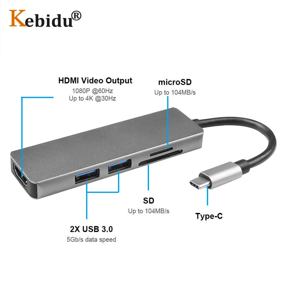 Адаптер-концентратор Kebidu с USB Type C на HDMI Type-C 3 0 конвертер кардридер для MacBook Huawei Mate 30