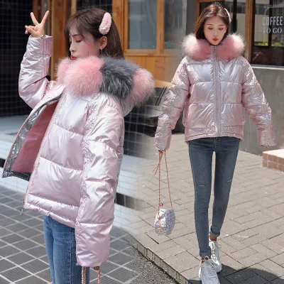 Женская Глянцевая пуховая хлопковая парка, зимняя женская куртка с меховым капюшоном, зимняя теплая Толстая короткая парка, зимнее пальто, куртка - Color: Pink
