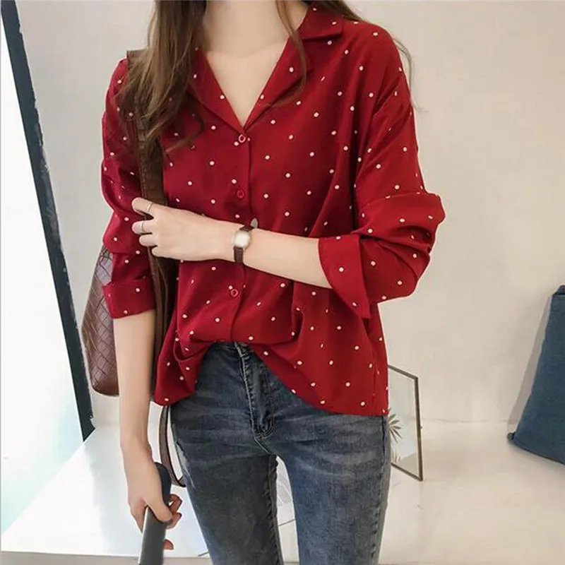 Women's Autumn Blouse Long Sleeve Shirt Solid V-neck Casual Dot Print Big Size Loose Female Top Women Clothing | Женская одежда