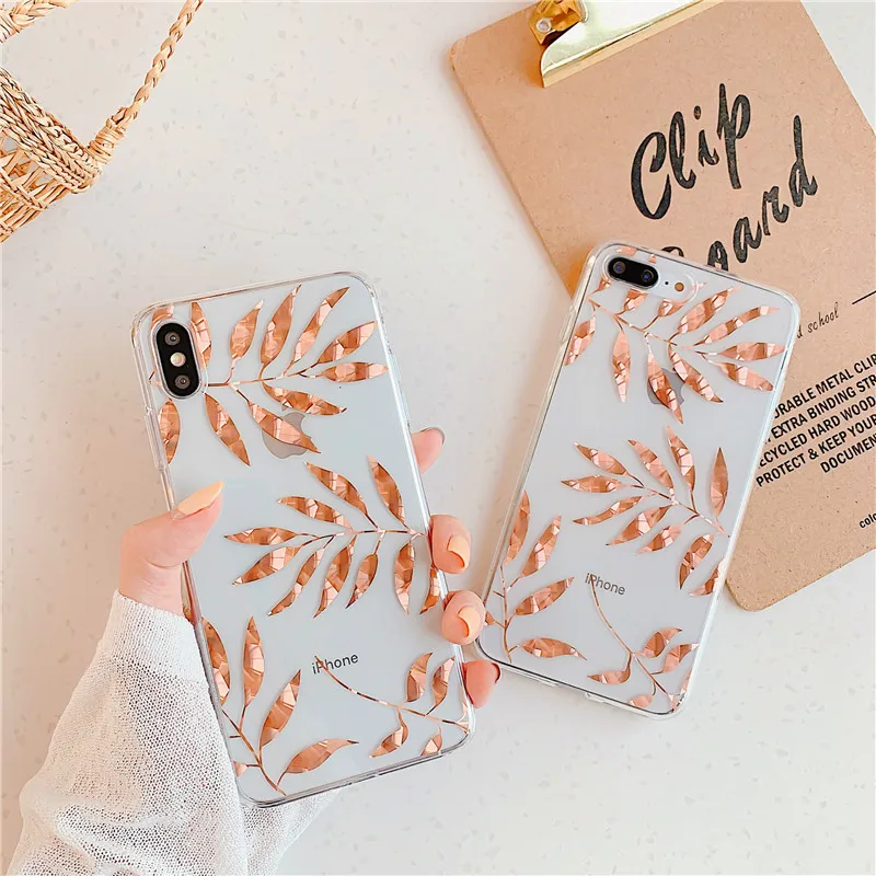 Модный чехол с позолоченными листьями для телефона Iphone X Xs Xsmax Xr блестящий