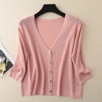 

Thin section with ice silk knitted cardigan summer new seven-quarter sleeve female shawl air-conditioning sunscreen clothing