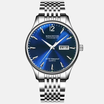 

KINGNUOS Top Brand Stainless Steel Couple Wristwatch Calendar Week Display Classic Quartz Clock Waterproof Luminous Men Watches