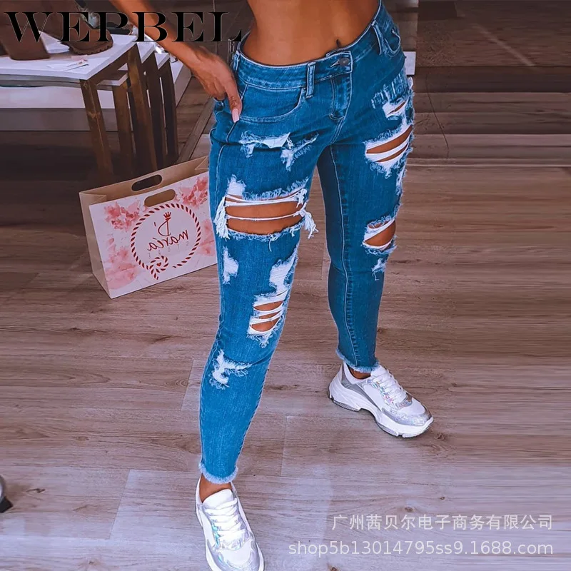 

WEPBEL Women's Casual Ripped Skinny Jeans Autumn High Waist Bagged Washed Denim Pencil Pants