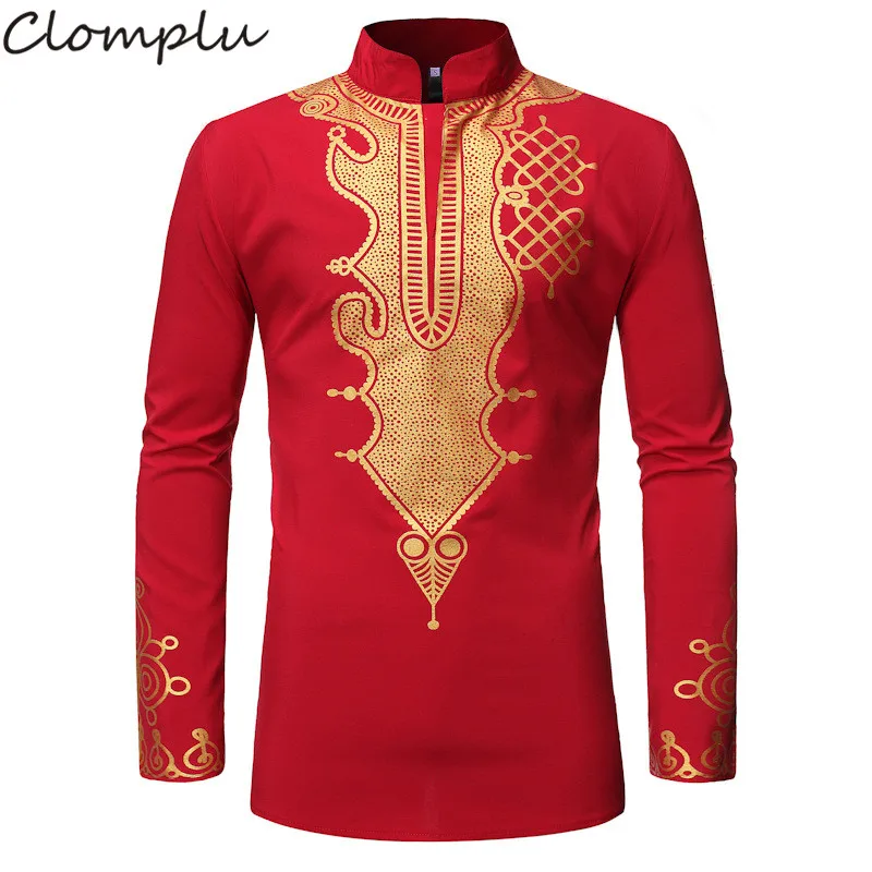 

Clomplu Africa Fashion Dashiki Men African Men Clothes Casual Long Sleeve Print Traditional Autumn Black Red Navy