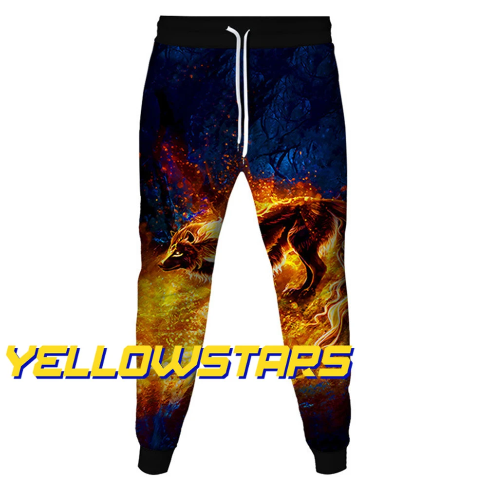 Stitching graffiti flame wolf print fashion 3D jogging sweatpants white joggers