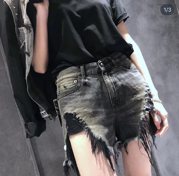 

Shorts High Waist Hole Split Raw Edge Denim Pants