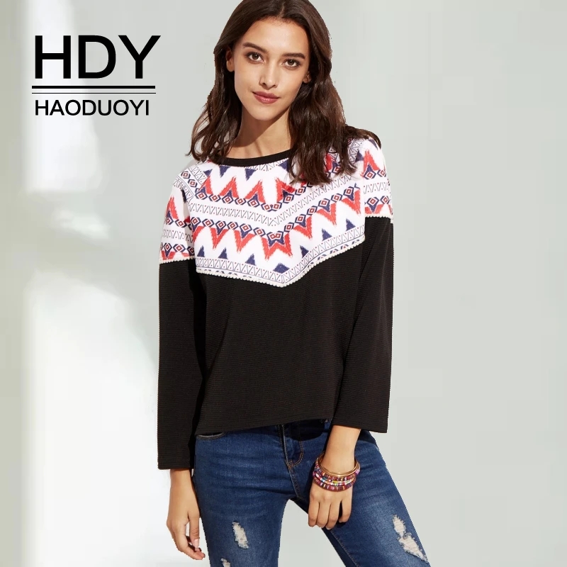 

HDY Haoduoyi New Fashion Autumn Loose Printing Ladies Casual Womens Female Top Long Sleeve O-Neck Patchwork Pullover Sweatshirt