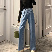 Ретро большие карманы длинные прямые джинсы женские корейские с высокой талией широкие брюки джинсы для женщин в стиле бойфренд