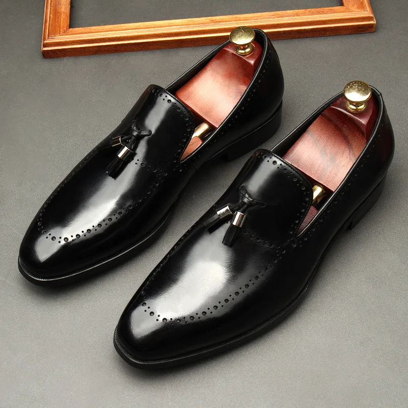 QYFCIOUFU 2020 Tassel Men Dress Shoes Gentleman Brogue Style Paty Leather Wedding Shoes Men Flats Leather Oxfords Formal Shoes