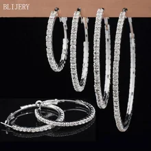 BLIJERY Fashion Full Rhinestone Circle Earrings Classic Big Circle Earrings Silver/Gold Color Crystal Hoop Earrings For Women