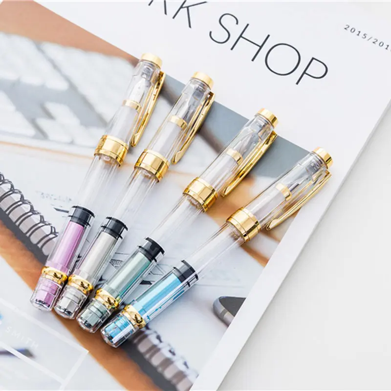 

New Upgraded Colorful 3008 Piston Transparent Fountain Pen Golden EF/F Nib & Trim Ink Pen Office School Gift