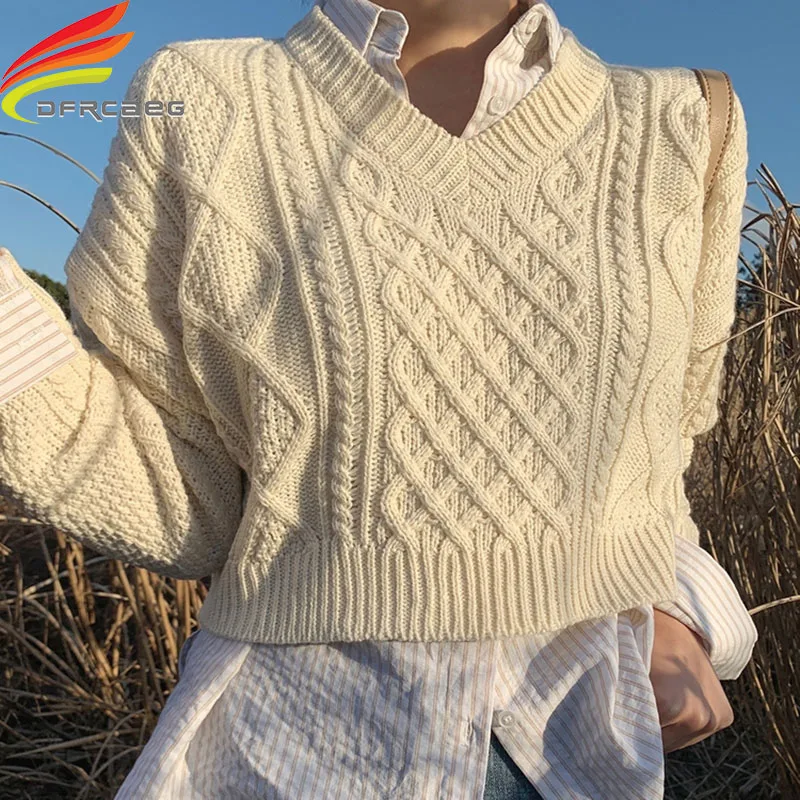 

New 2020 Autumn Winter Woman Sweaters V-Neck Knitting 3 Colors Women Pullovers Fashionable Casual Wild Long Sleeve Crop Top