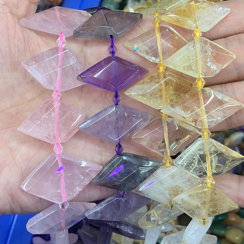 Natural Amethyst Citrine Rose Quartz Beads 15'' Rhombic Square DIY Loose Beads For Jewelry Making Women Beads Necklace Earring