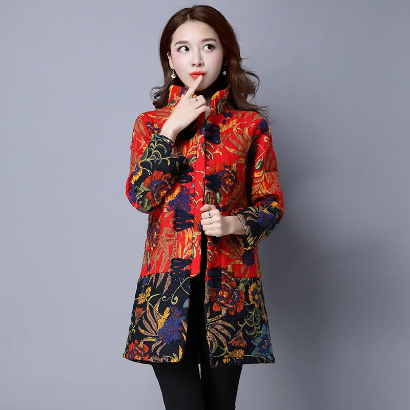 

2018 Autumn And Winter Retro National Wind Cotton Linen Embroidered Contrast Color Joint Thick Cotton-padded Clothes Cotton Coat