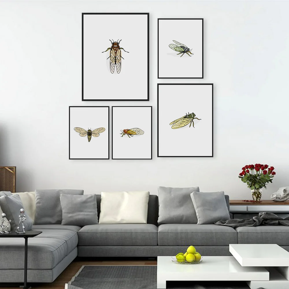 Hand Drawn Cicada Scandinavian Minimalist Wall Art Canvas Painting Nordic Posters and Prints Picture for Living Room Decor | Дом и сад