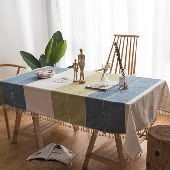 

Cotton Linen Table Cloth Rectangular Cover Kitchen Dust Proof Placemat Lattice Pattern With Tassel Durable Desk Washable Dining