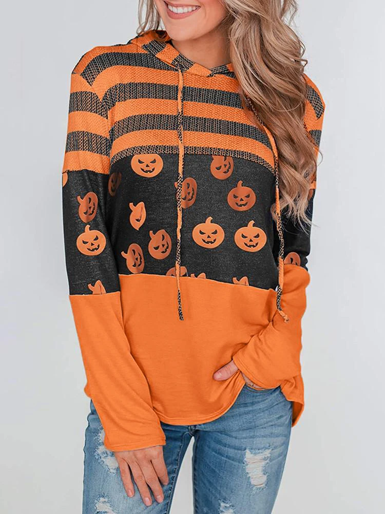 

Women Christmas Halloween Hoodie Autumn Long Sleeve Pumpkin Elk Print Striped Hooded Hoodie Casual Drawstring Sweatshirt Tops