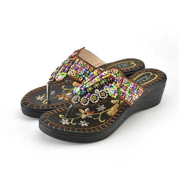 

Women Summer Slippers Wedge Slides Thick Bottom Bohemia Flip Flops Beach Slippers New Fashioin Summer Slippers Beading Slippers