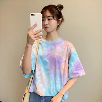 

Watercolor Print Summer Tshirts Women O-Neck Short Sleeve Loose Vintage Shirts Harajuku Casual Cotton Tops Funny Shirt W462
